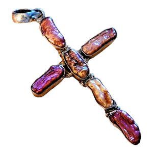 Vintage Cross/Pendant .925  Silver/Pink Fresh Water Pearls 2.6" Gift JU-03kat